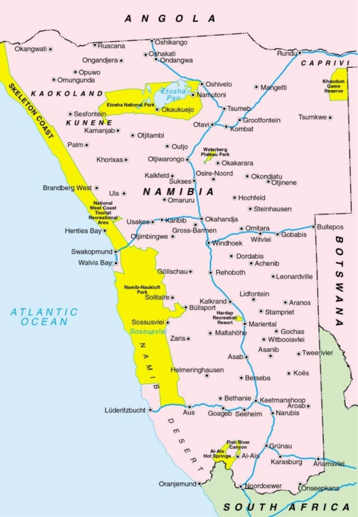 Mappa della Namibia mostrando città