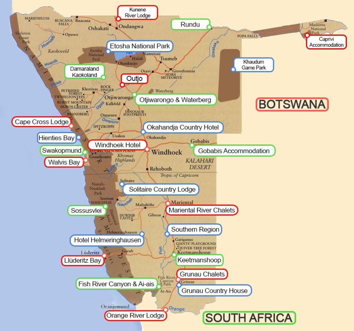 Mappa della Namibia alberghi