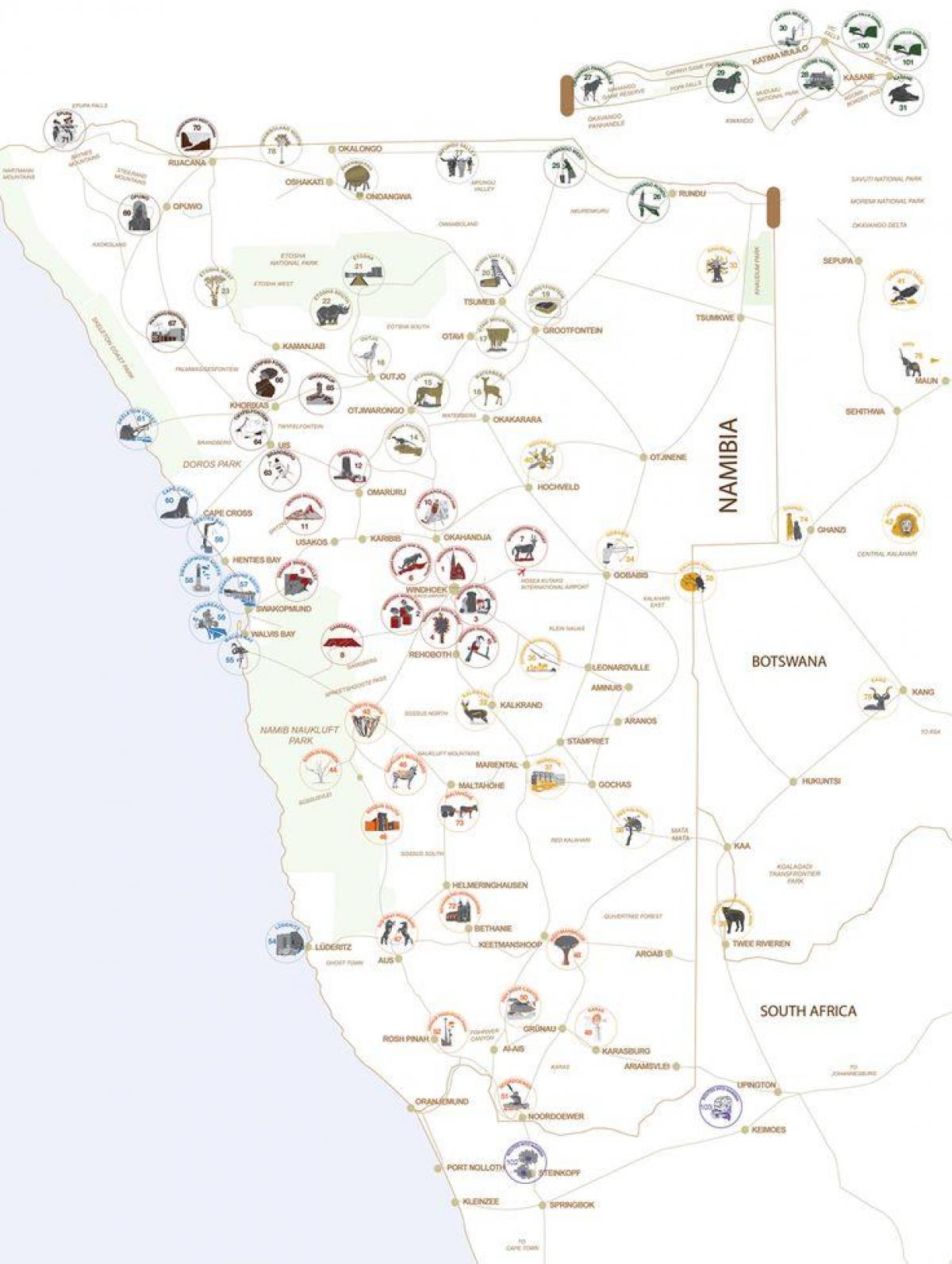 Mappa della Namibia tour di pianificazione